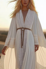 Bohemian Vacation Dress White Loose Sleeve Lace Belt Maxi Dress