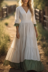 Bohemian Swing Dress White V Neck Ruched Maxi Dress