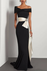 Elegant Evening Dress Black Off-The-Shoulder White Waistband Maxi Dress