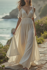 Bohemian Swing Dress White V Neck Cold Shoulder Maxi Dress