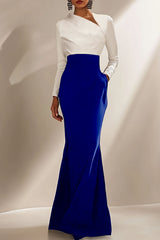 Evening Formal Elegant Dress Black White Long Sleeve Maxi Dress