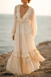 Bohemian Dress Beige Deep V Ruffle Maxi Dress