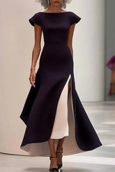 Elegant Slit Dress Cap Sleeve Black White Color Block Maxi Dress