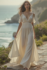 Bohemian Swing Dress White V Neck Cold Shoulder Maxi Dress