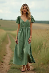 Bohemian Dress Green V Neck Ruched Maxi Dress