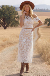 White Boho Set Sheath Off the Shoulder Lace Midi Skirt Two-Piece Set