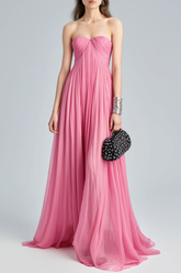 Holiday Evening Dress Pink Strapless Ruched Floor Chiffon Dress