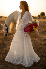 Bohemian Holiday Swing Dress White Long Sleeve Maxi Dress