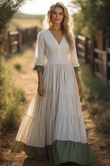 Bohemian Swing Dress White V Neck Ruched Maxi Dress
