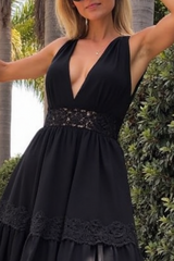 Bohemian Dress Black Deep V Sleeveless Lace Maxi Dress