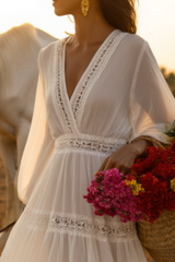 Bohemian Holiday Swing Dress White Long Sleeve Maxi Dress