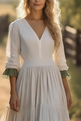Bohemian Swing Dress White V Neck Ruched Maxi Dress