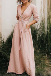 Daily Casual Linen Dress Light Pink Cross Neck Pocket Maxi Dress