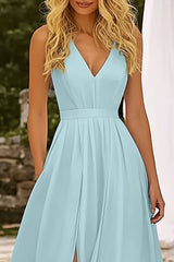 Vacation Dress Blue Deep V-Neck Sleeveless High Slit Maxi Dress