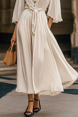Beach Vacation Dress White Deep V Lace Trim Pocketed Midi Dress