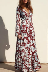 Casual Floral Dress Red Deep V Long Sleeve Maxi Dress