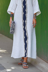 Casual Linen Dress White Blue Color-Block V-neck Loose Maxi Dress