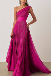 Prom Formal Pleated Dress Rose Color One-Shoulder Maxi Dress
