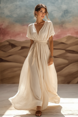 Bohemian Dress White V Neck Ruched Maxi Dress