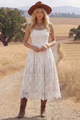 White Boho Dress A-Line Spaghetti Straps Lace Midi Dress