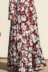 Casual Floral Dress Red Deep V Long Sleeve Maxi Dress