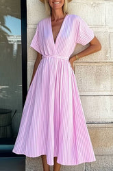 Casual Daily Dress Pink Striped Deep V Loose Midi Dress
