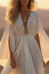 Bohemian Swing Dress White Deep V Lace Maxi Dress