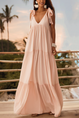 Bohemian Dress Pink V Neck Ruched Maxi Dress