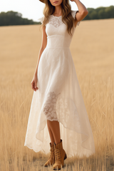 Boho Lace Dress White Crew Neck Maxi Dress