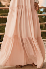 Bohemian Dress Pink V Neck Ruched Maxi Dress