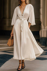 Beach Vacation Dress White Deep V Lace Trim Pocketed Midi Dress