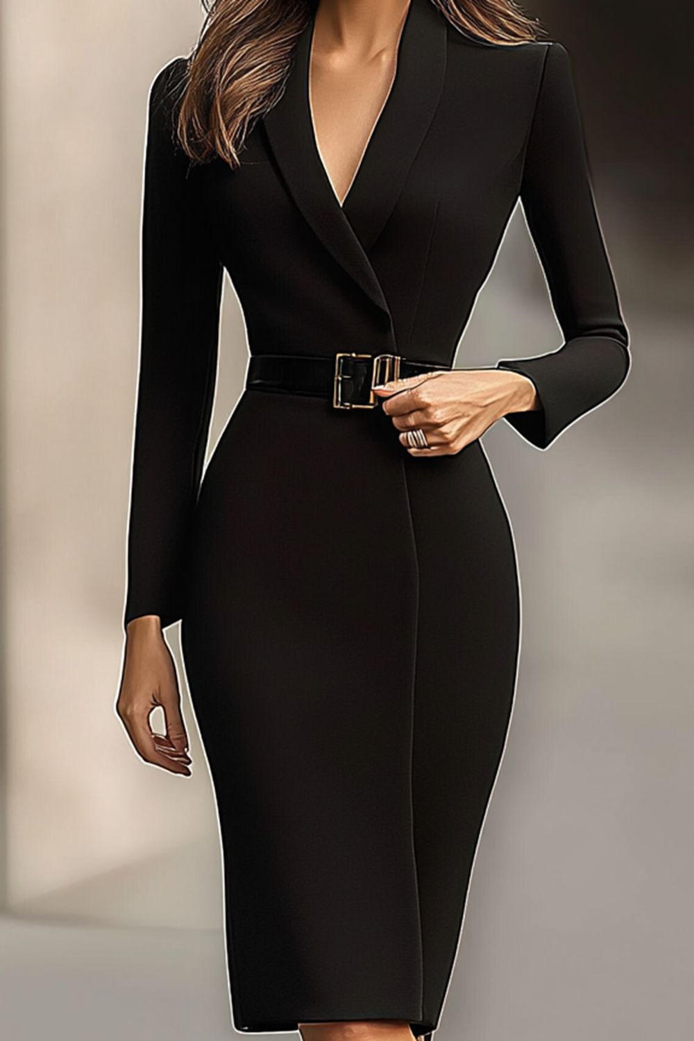 Work Blazer Dress Black Long Sleeve V Neck Bodycon Pencil Midi Dress