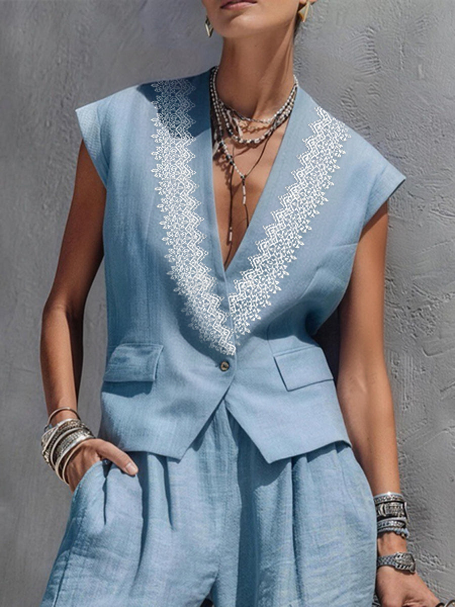 Loose Sleeveless Buttoned Pockets Solid Color V-Neck Vest Top