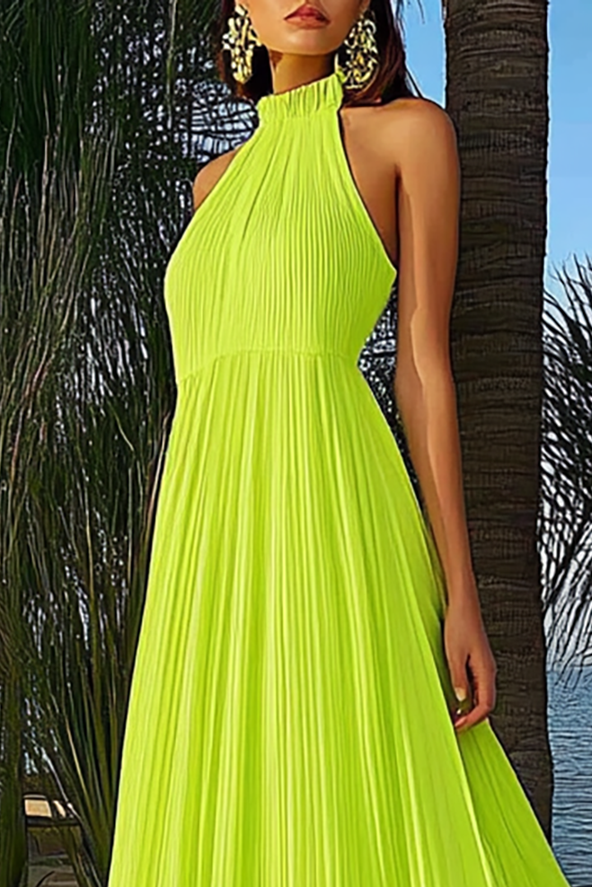 Vacation Halter Dress Neon Green Pleated Maxi Dress