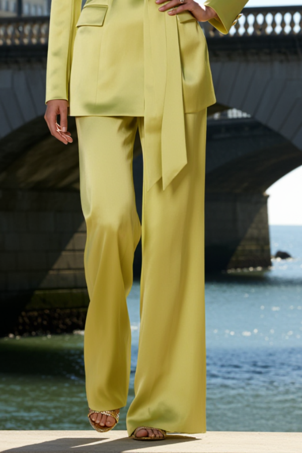 Party Satin Blazer Suit Sets Yellow Lapel Long Sleeve Straight Pants Set