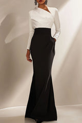 Evening Formal Elegant Dress Black White Long Sleeve Maxi Dress