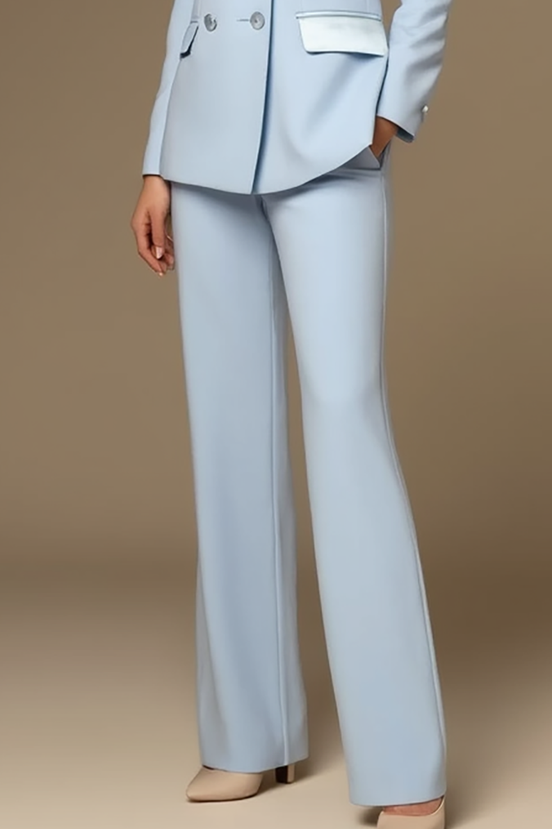 Work Formal Pants Suit Light Blue Long Sleeve Pocket Blazer Set