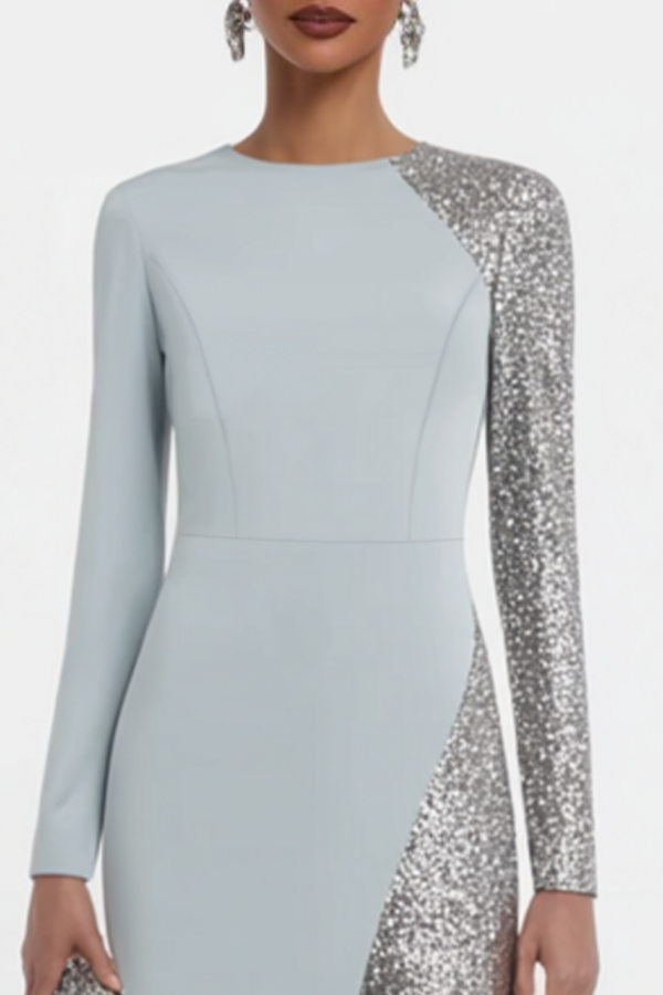 Formal Dress Blue Crew Neck Sequin Maxi Mother of the Bride Dress