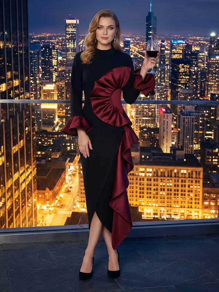 Bodycon Flared Sleeves Asymmetric Contrast Color Ruffled Zipper Stand Collar Midi Dresses