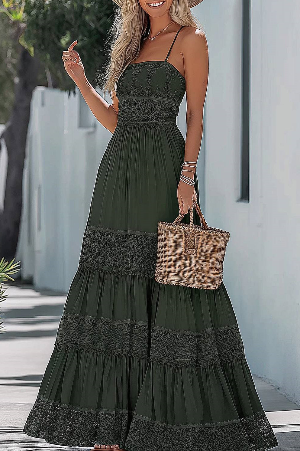 Bohemian Vintage Dress Green Spaghetti Strap Maxi Dress