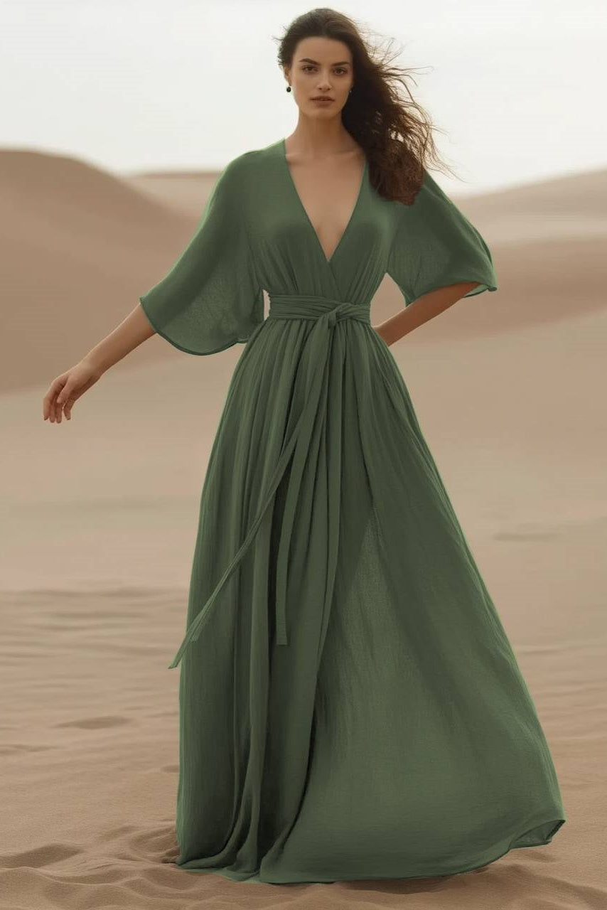 Bohemian Swing Dress Green Deep V Maxi Dress