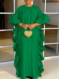 Long Sleeves Loose Ruffle Trim Solid Color Split-Joint Round-Neck Maxi Dresses