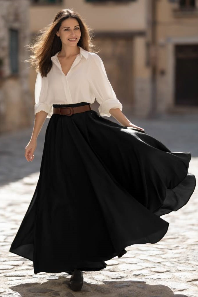 Casual Swing Shirt Skirt Set Black White Lapel Maxi