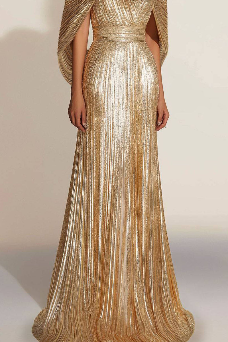 Formal Evening Fringe Dress Gold Sequin V Neck Cape Maxi Gown