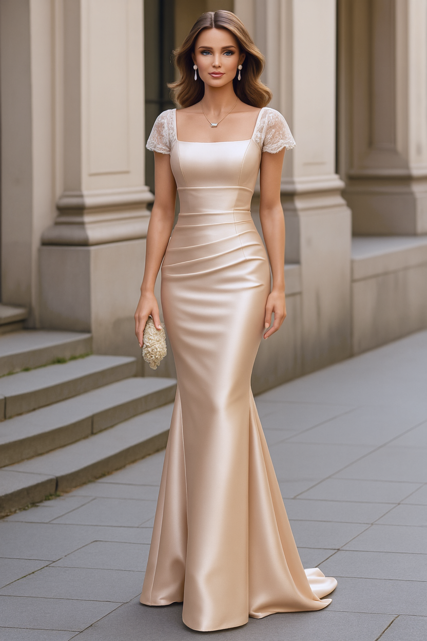 Mother of the Bride Dress Champagne Satin Square Neck Maxi Dress