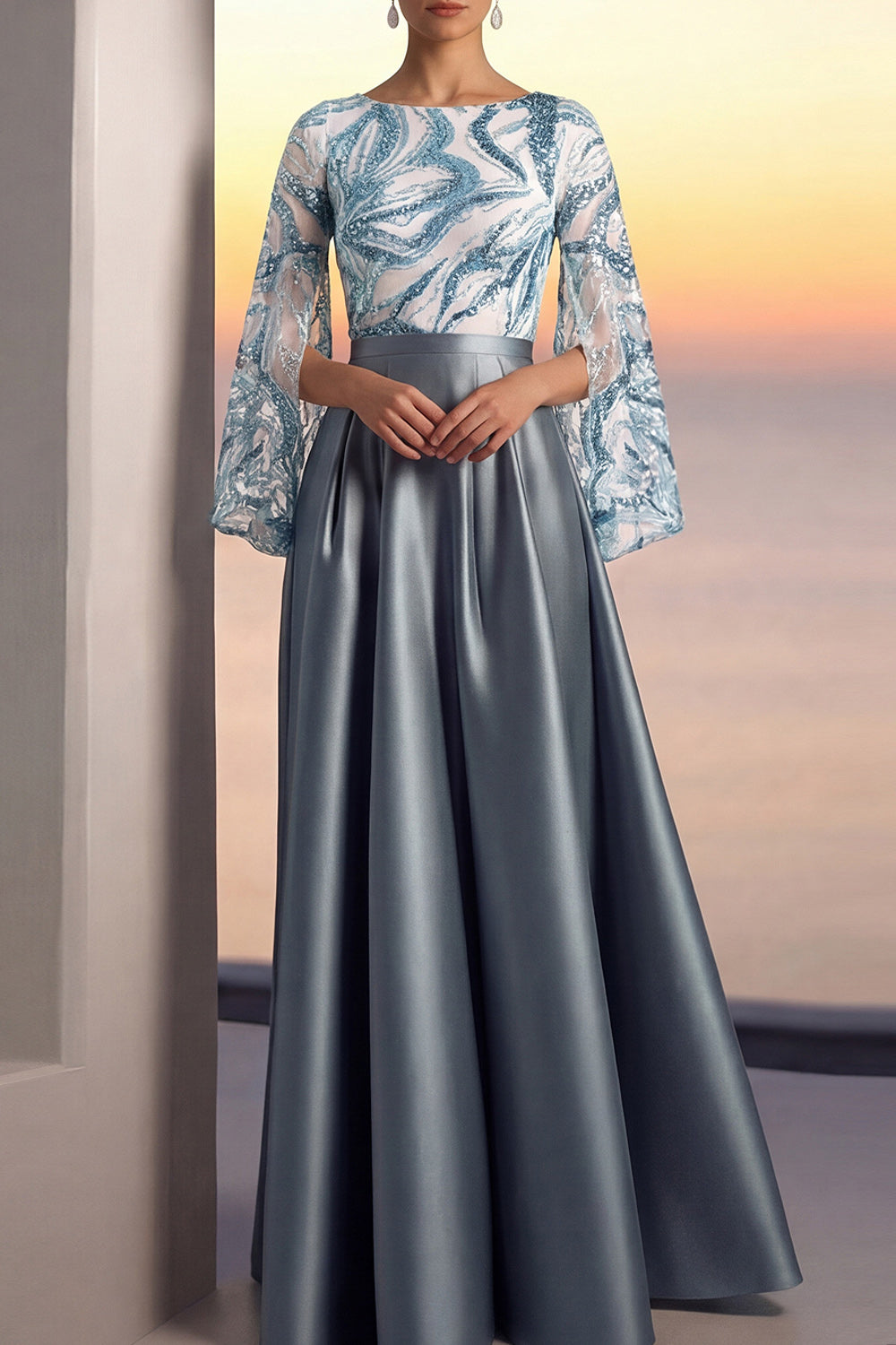Dusty Blue Wedding Guest Dress A-Line Crew Neck Sequin Maxi Dress