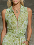 Sleeveless Contrast Color Leopard Split-Joint Zipper Lapel Blouses&Shirts Tops