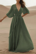 Bohemian Swing Dress Green Deep V Maxi Dress