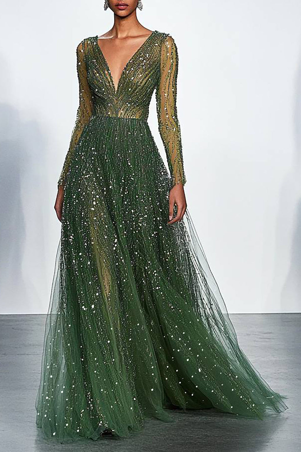 Evening Formal Sparkling Dress Green Deep V Mesh Long Sleeve Maxi Dress