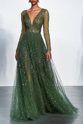 Evening Formal Sparkling Dress Green Deep V Mesh Long Sleeve Maxi Dress